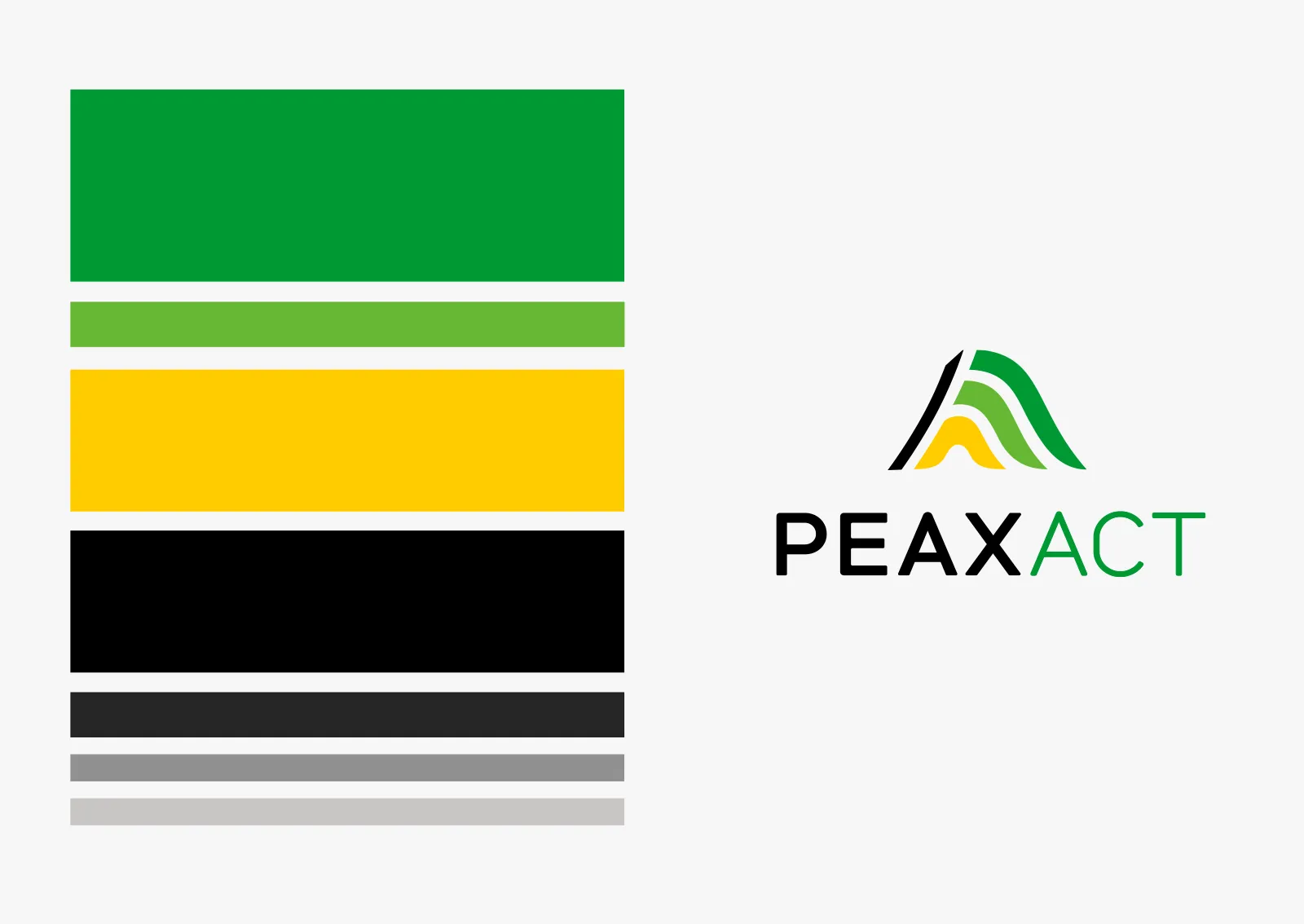 Ansicht der Corporate Design-Elemente von Peaxact – inklusive Logo und Farbpalette mit Verläufen von Gelb bis Grün. Entwicklung im Rahmen des Rebrandings.