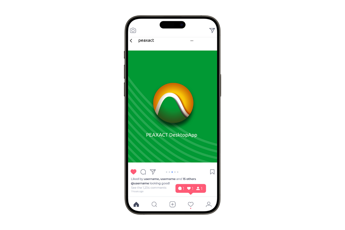 Smartphone mit geöffneter Instagram-App zeigt einen Post der Marke Peaxact mit grünem Hintergrund, App-Icon und Schriftzug „Peaxact DesktopApp“