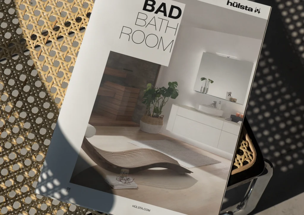 Nahaufnahme eines neu konzipierten und gestalteten Bad-Katalogs für hülsta. Gestaltung und Umsetzung durch R211-Agentur.