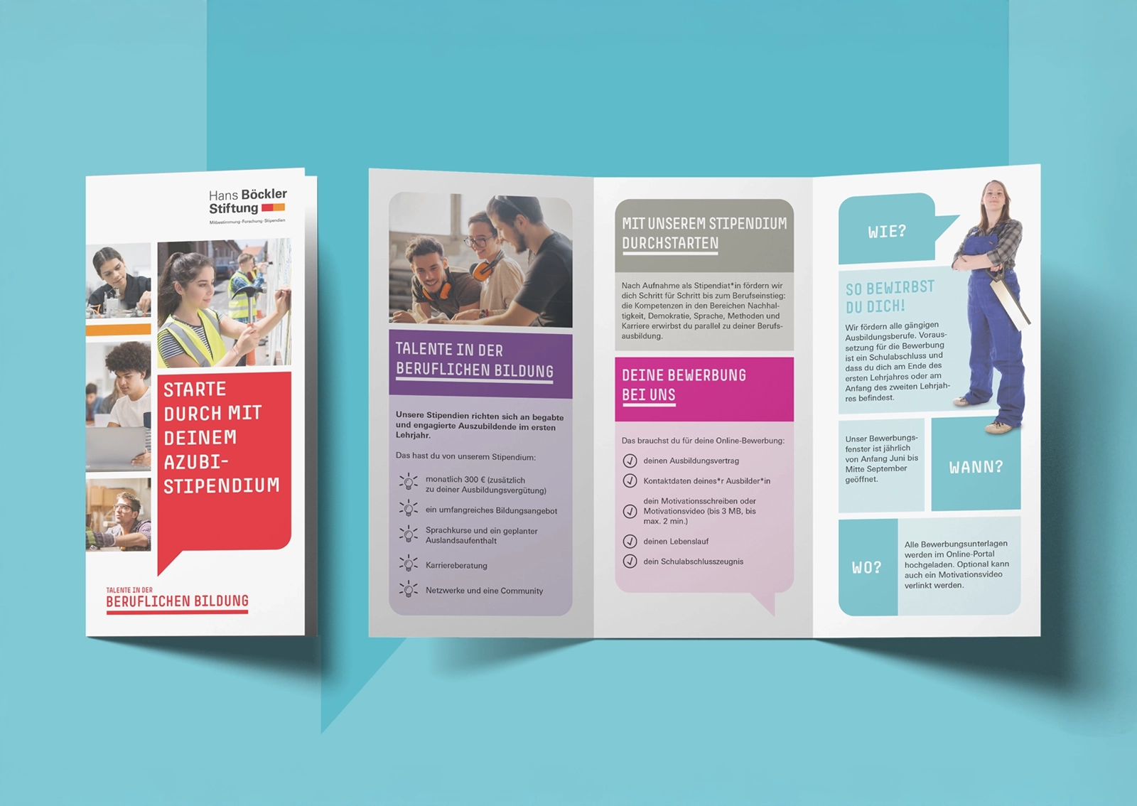 View of the print flyer for the TIBB project of the Hans-Böckler-Foundation with the front page and the inside page unfolded.