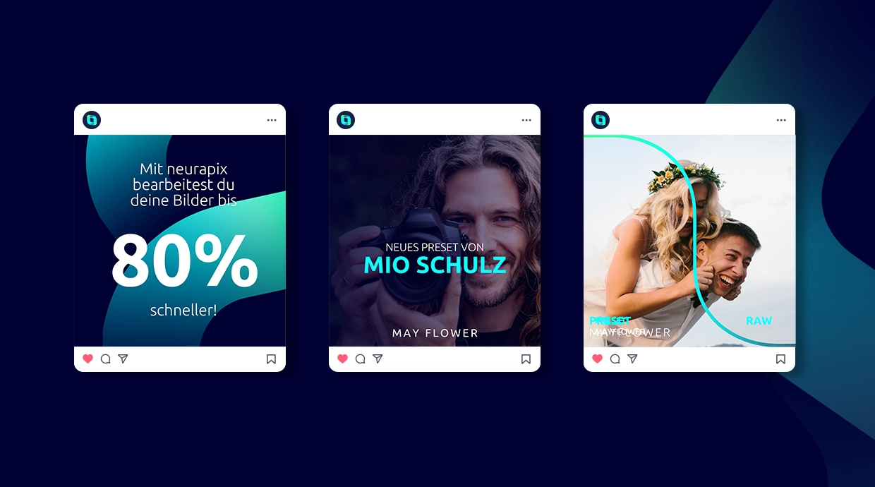 Three social media postings illustrating the Rebranding for the B2B startup in AI-powered photography optimization. Design and strategic development by the R211 agency.