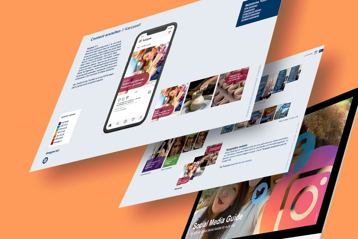 Overview of the designed templates and visuals for social media postings, which can be individually adapted and used by the adult education centers. Conception and design by the R211 agency.