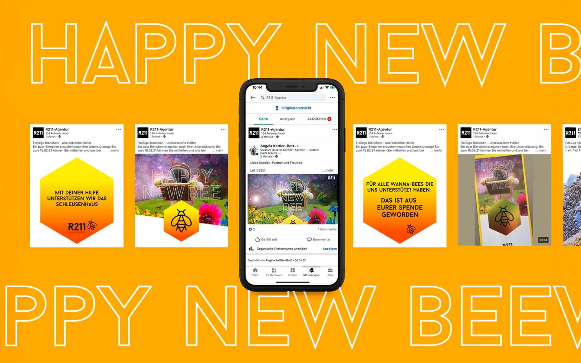 Carousel post with multiple slides showcasing the Happy New Bee website – including a visual with a beekeeper in space and flying bees. An in-house project by the R211 agency as part of the annual fundraising campaign for regional nature conservation projects.