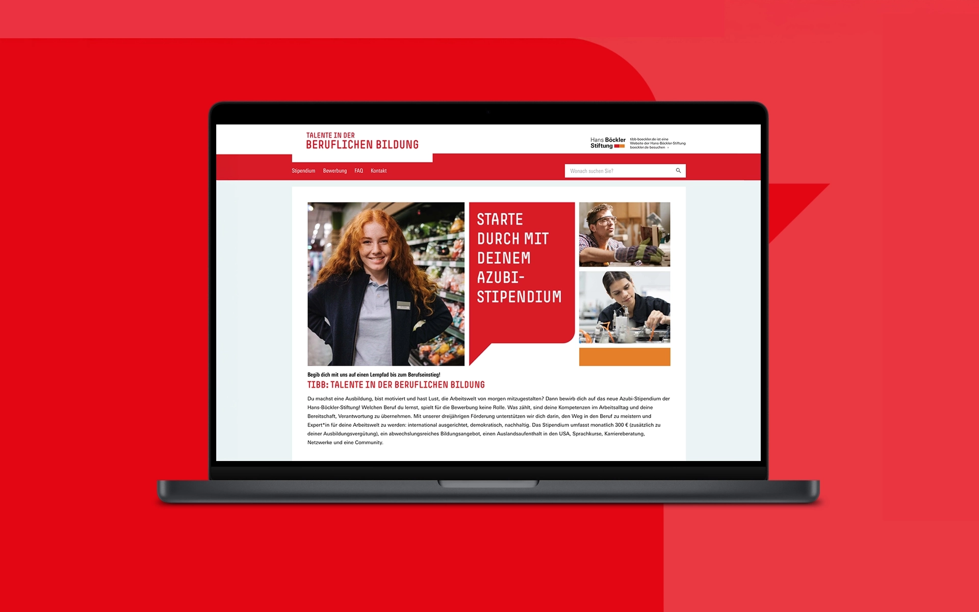 View of the homepage of the TIBB project (Talents in Vocational Education) of the Hans-Böckler Foundation on a laptop. The headline 'Kickstart your apprentice scholarship' is visible. Designed by R211 Agency.
