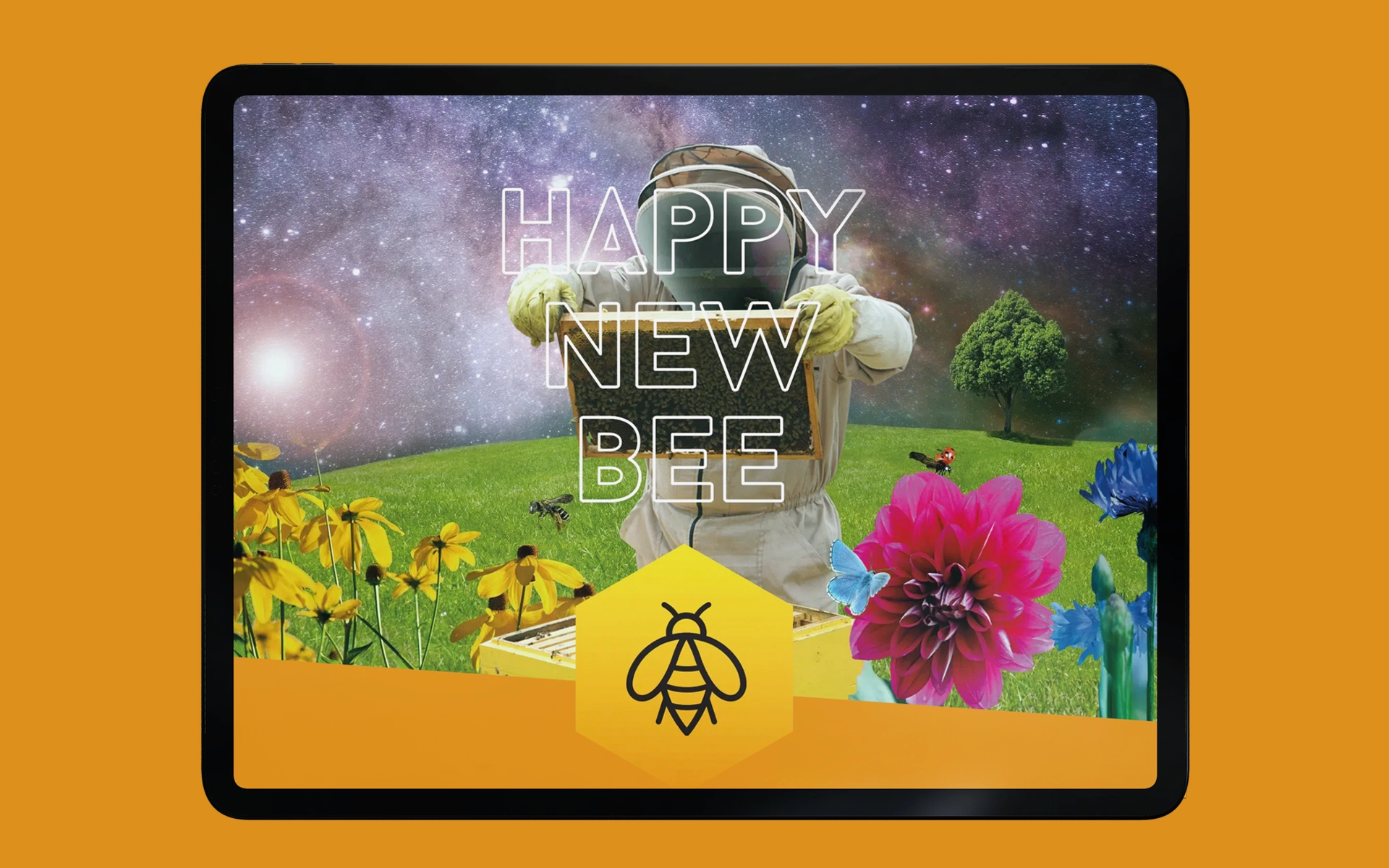 View of the Happy New Bee website on a tablet, homepage with illustration of a beekeeper in space and flying bees. Own project of the R211 agency as part of the annual fundraising campaign for regional nature conservation projects.
