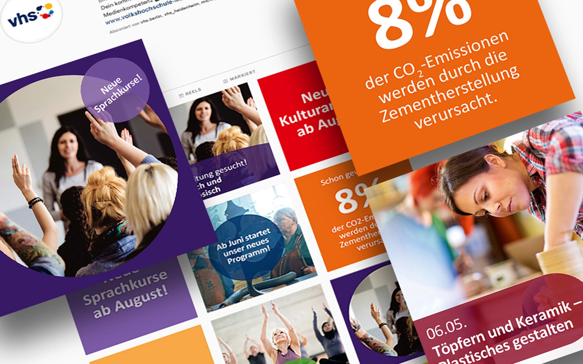 Overview of the designed templates and visuals for social media postings, which can be individually adapted and used by the adult education centers. Conception and design by the R211 agency.