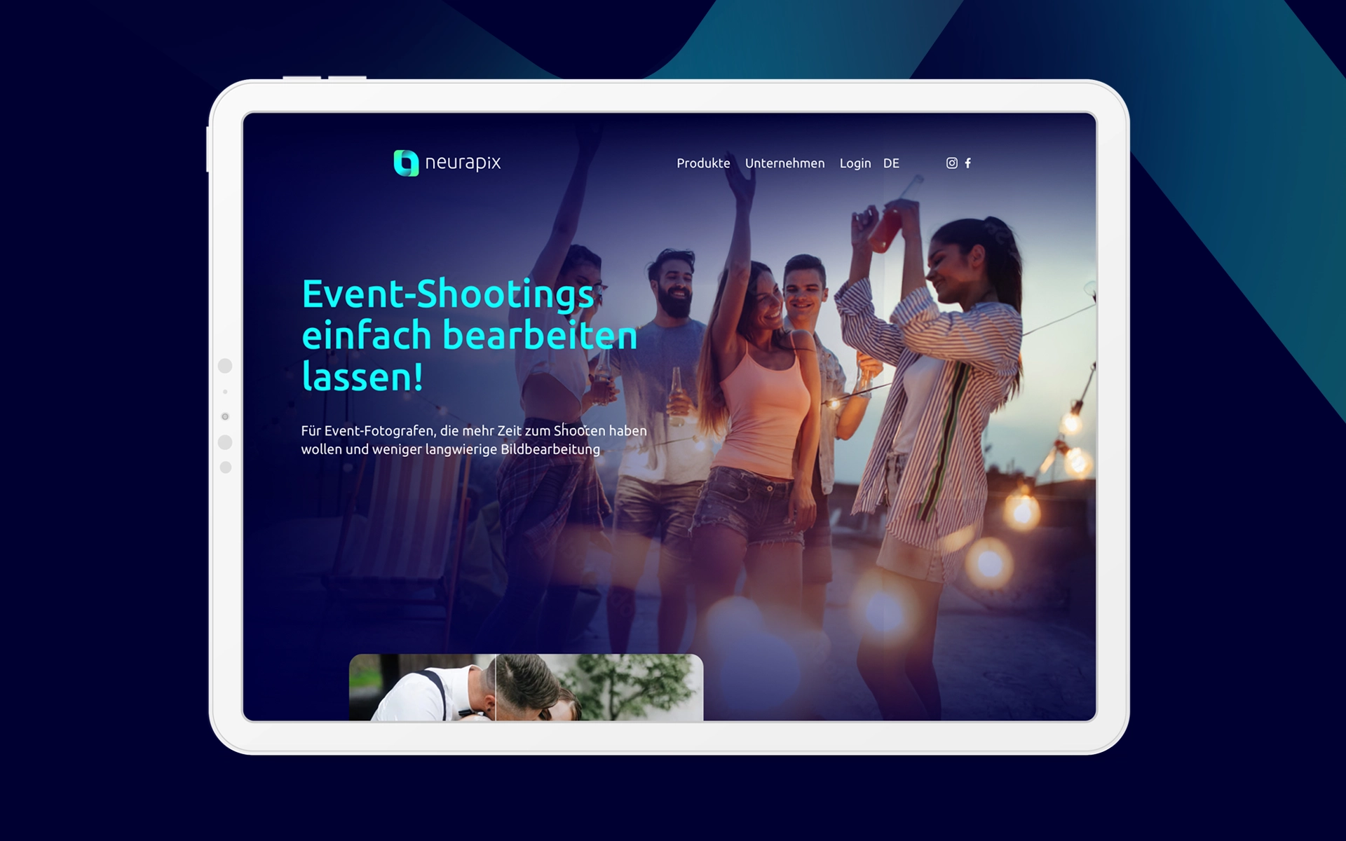 View of the homepage of a B2B startup in AI-based photography optimization on a tablet. The target group is professional photographers. The brand was strategically refined in a workshop and completely rebranded by R211.