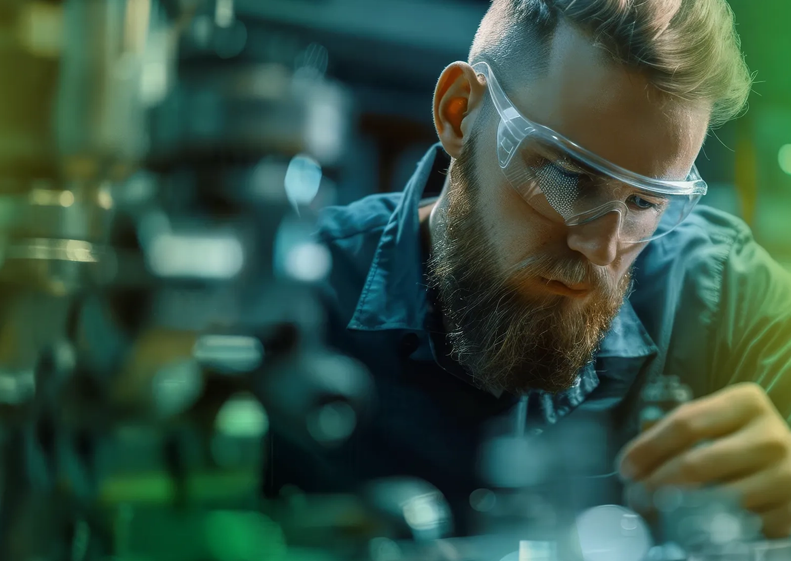 Bildwelt von Peaxact: Ein Labormitarbeiter mit Schutzbrille arbeitet konzentriert an einem Detail – symbolisch für Präzision und wissenschaftliche Exzellenz.