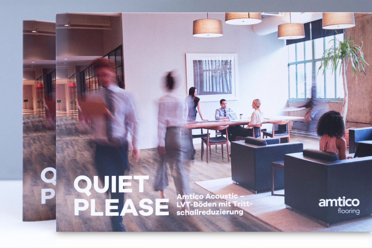 View of the cover page of the Amtico mailing on the topic of Acoustics: LVT flooring with impact sound reduction. Designed by R211 Agency.