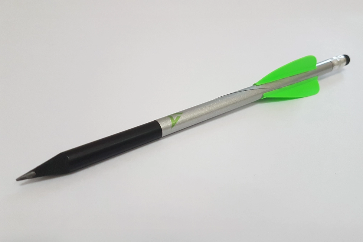 Individually manufactured pen, refined with fletching typical of archery. Design by R211 agency.