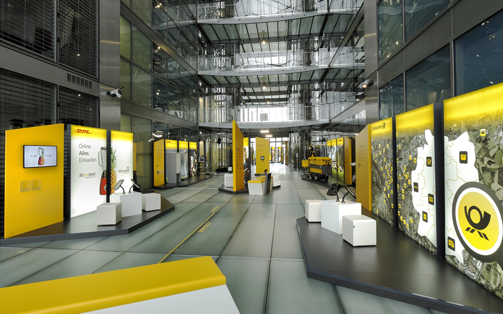 Image of the temporary exhibition 'Level 3.0' on the 30th floor of the Deutsche Post DHL Headquarters in the Post Tower in Bonn. Exhibition concept by R211 agency.