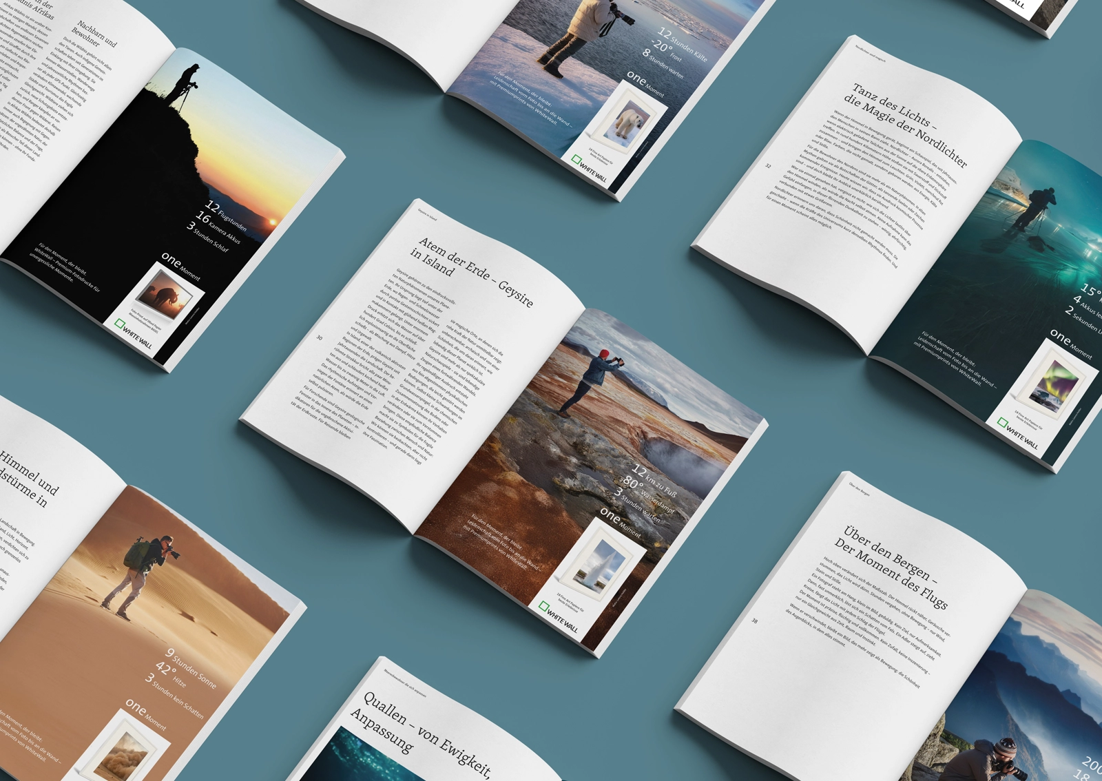 Aufgeschlagene Magazinseiten zeigen die Whitewall Kampagne One Moment mit Fotograf:innen, die alles für ihr Motiv geben