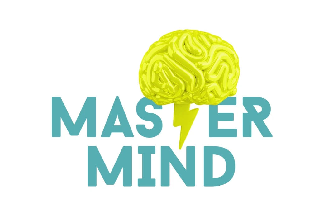 The word "mastermind" is represented with an illustrated brain